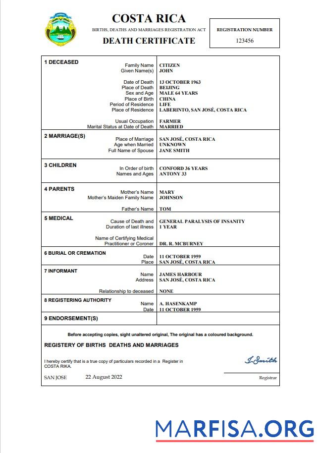 Blank Costa Rica vital record death certificate Word and PDF template